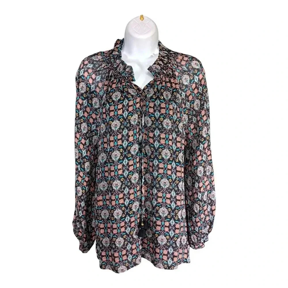 Figue Silk Blouse Long Sleeve Floral Tassel Ruffles Women's Small